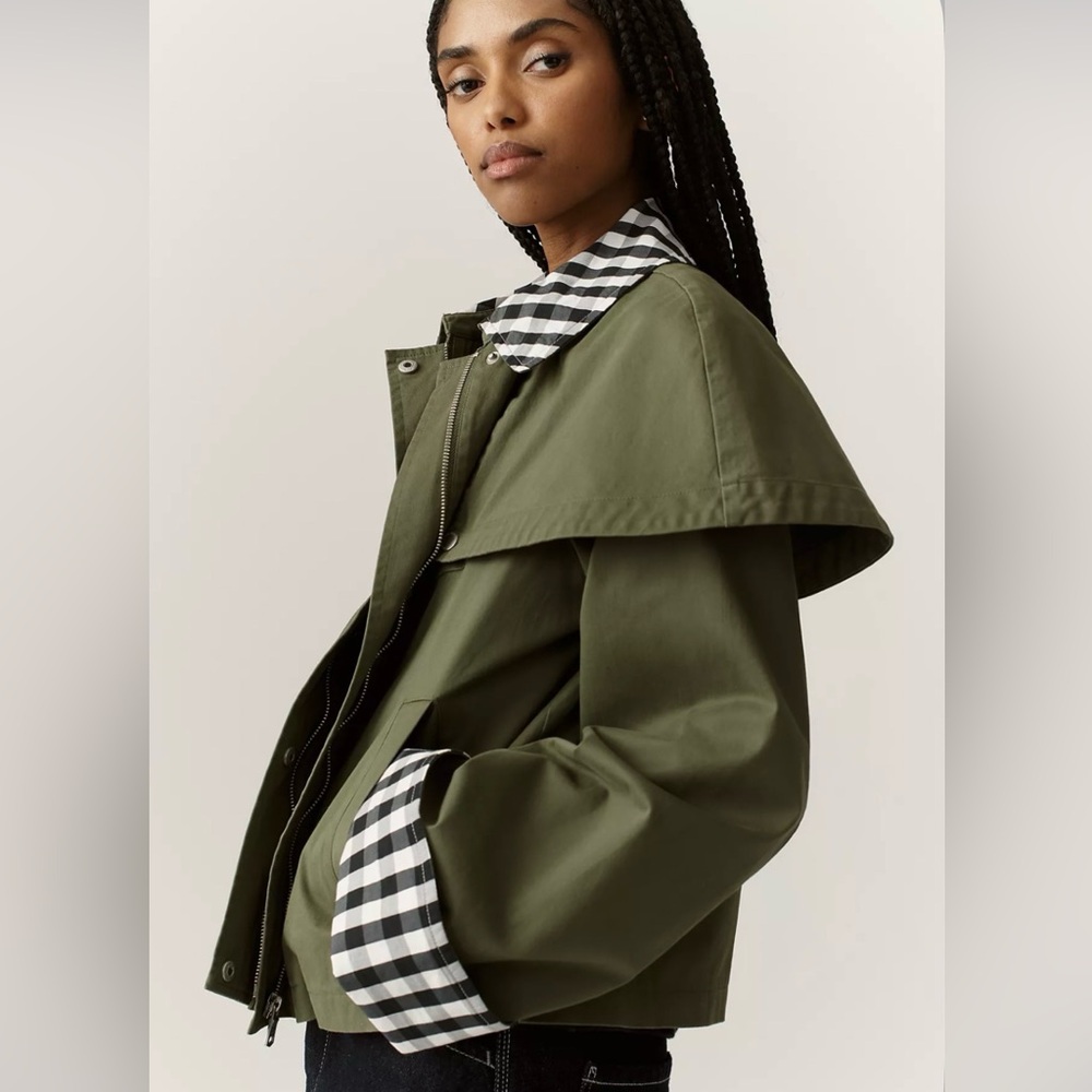 Avec Les Filles Olive Green Cape Jacket with Gingham Trim, Anthropologie
